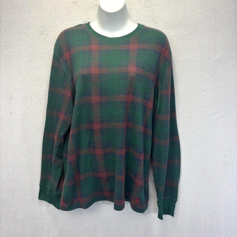 Polo Ralph Lauren Thermal Knit Long Sleeve T-Shirt Womens Large Green Plaid